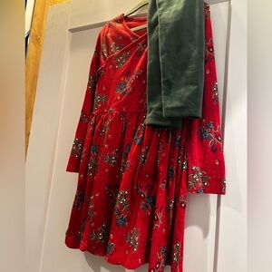 Floral Red Kids Dress with Green Velveteen Leggings - Great for Holiday Photos!
